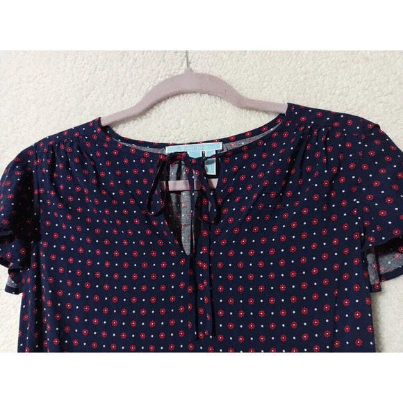 Draper James XS Blue Floral Dot Flutter Sleeve Peasant Boho Top Keyhole Tie Neck - Picture 9 of 11
